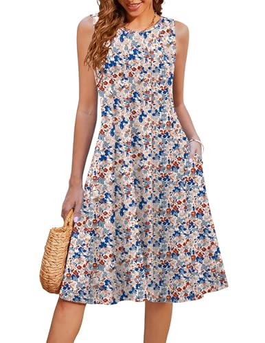 Image of HOTOUCH Summer Casual Dresses for Women Sleeveless Midi Dress Swing Tank Sundress Pleated Tshirt Dress with Pockets