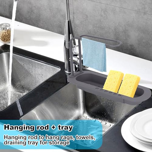 Organizador telescópico para fregadero con 3 esponjas, estante extensible para cocina con colgador de toallas (gris) miniatura 3