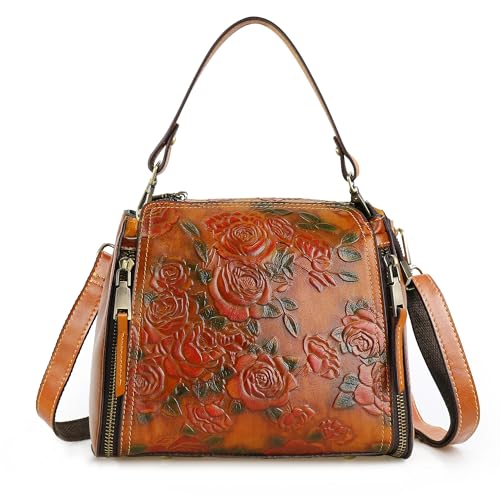 Image of Women Genuine Leather Handbags, Organizer Retro Vegetable Tanning Leather Satchel Vintage Embossing Shoulder Bag Brown