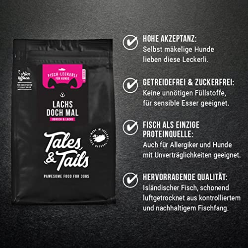Tales & Tails® - Hunde Leckerlis aus 100% isländischem Lachs | Natürlich, Zuckerfrei, Getreidefrei, reich an Omega 3 | Kausnack Icebarks „Lachs doch mal“ von | 5 x 70g Tüten Hundesnack