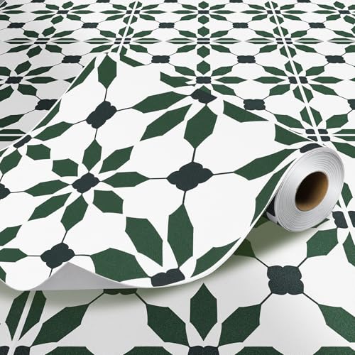 ReWallpaper Rollo de vinilo autoadhesivo verde y blanco geométrico impermeable para suelo, cocina, pasillo, lavandería, suelo temporal para inquilinos, fácil de instalar, 12 pulgadas x 10 pies