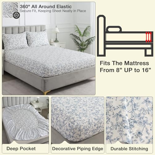 Image of Vintage Blue Floral Percale Sheets, Queen Size 100% Cotton Deep Pocket Neutral Flower French Country Sheet Set, Shabby Chic Soft Farmhouse Bed Sheets, Cottagecore Toile Bedding, White, 4Pcs