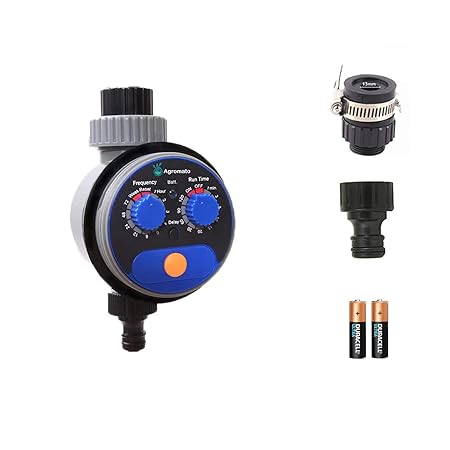 Agromato Automatic Ball Valve Drip Irrigation Water Timer | Updated Model with Rain Delay | Universal Tap Adapter | Simple Programming | Batteries Included | Long Battery Life