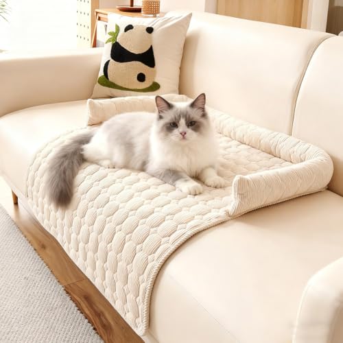 Meenewching Hundebett Sofa, 75x75cm Weiches Waschbares Sofabett Hund, Hundedecke Sofa mit Rand, Sofaschutz, Flauschiges rutschfest Hundekissen für Kleine und Mittlere Hunde und Katzen, Beige