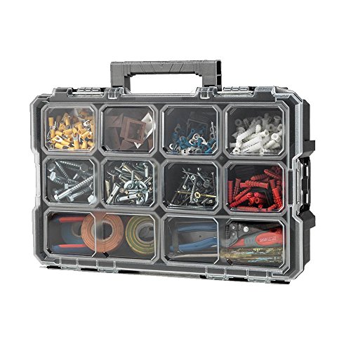 HUSKY Screws Nut Bolt Organizer Box - Hinged Box, Hardware Box Storage, 10-Compartment Interlocking Small Parts Organizer in Black, Made of Durable Polypropylene with YEOH Leather Work Gloves