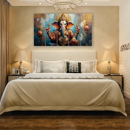 Image of RAVLEX Ganesha Wall Painting for Living Room, Wooden Framed UV Printed Wall Art for Bedroom, Office, Hotel and Drawing Room, 5 Panel Decorative Painting, 24 x 48 Inch