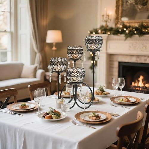 4 Arms Crystal Candelabra Tealight Holder - Tall 15.7 Inch Elegant Centerpiece with Crystal Pendant Bowls & Artistic Metal Stand for Wedding, Dining Table, Home Decor (2, Black) - Image 3