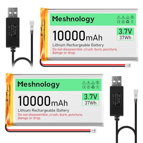 Meshnology 2pcs 3.7V 10000mAh Li Battery with USB Charger Cable 1163115 1S LiPo Battery with Protection Board Insulated Rubber Tape and Micro PH2.0 Plug for Arduino ESP32 Module Board Drone RC Car