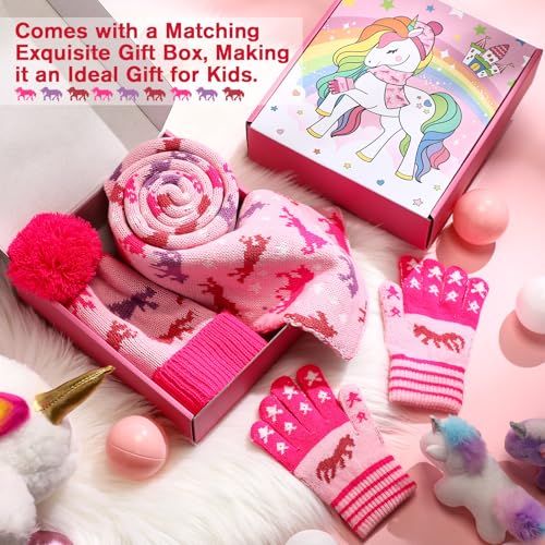 Unicorn Girls Winter Hat Scarf Gloves Sets Kids Beanie Hat with Pom Christmas Knit Neck Mittens for Toddlers Gift3
