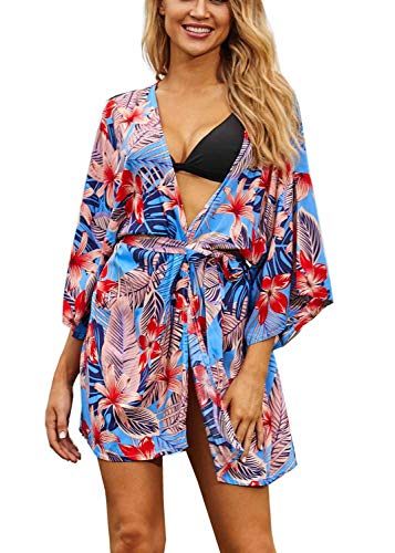 Orshoy - Albornoz para mujer, kimono, albornoz largo, pijama de playa, pareo, playa, pareo, bañador, playa, pareo, playa, poncho, blusa larga C9 Blumenkimono Talla única