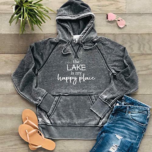 The Lake is my Happy Place Hoodie Lake Life Sweatshirt Bonfire Hoodie Soft Cozy Lightweight Burnout Hooded, Dark Grey4