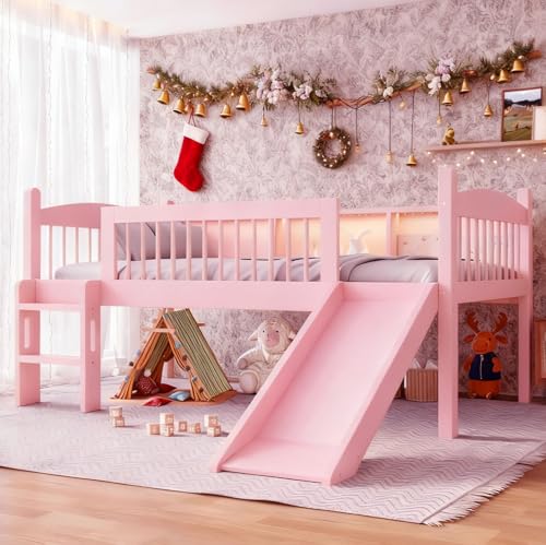 Bellemave Low Loft Bed Twin Szie with Bookcase and Lights,