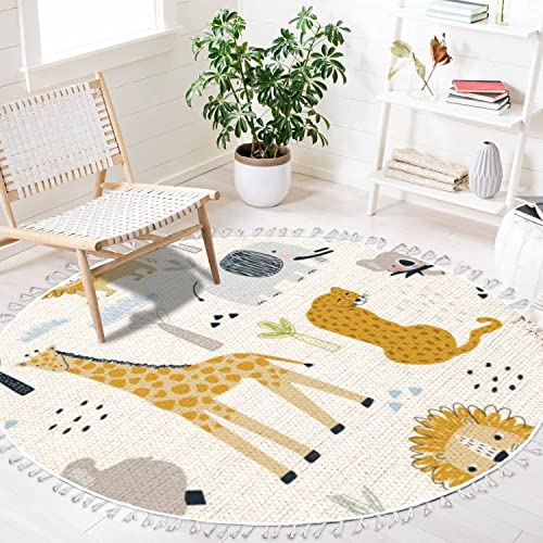 Image of Round Boho Area Rug Cute Animals Lion cub Leopard Giraffe Elephant Koala White Carpet with Tassels Washable Hallway Floor Mat Runner Rugs for Bedroom Bathroom Playroom Nursery Decor 4 ft