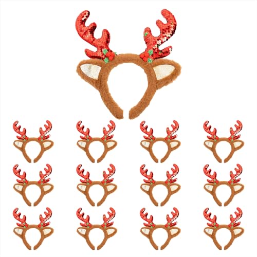 OH YEAH - Diademas Navideñas para Adultos y Niños - Accesorios Navideños Divertidos - Diseño de Papá Noel, Reno y Árbol de Navidad - Talla Única (12 Unidades, Diadema Reno Lantejuelas)