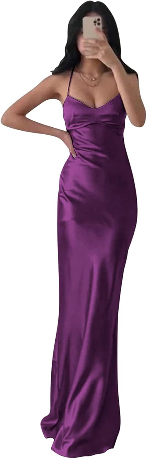 BOLENSYE Satin Bridesmaid Dresses Long Prom Dress for Women Spaghetti Strap Formal Dress Mermaid Evening Party Gown