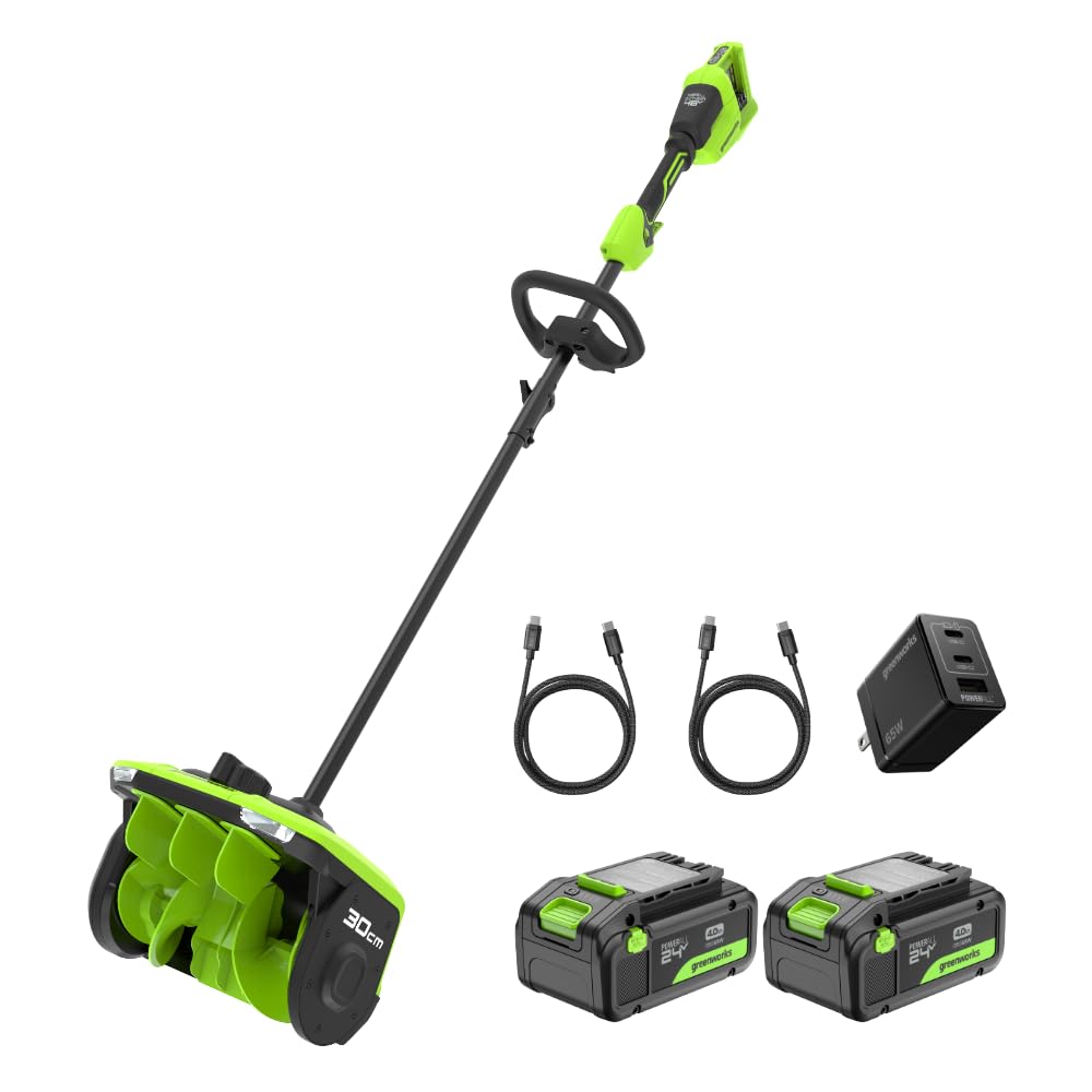 Greenworks 2 x 24 V (48 V) 30 cm bezszczotkowa łopata do śniegu ze światłem LED, kierunkowe sterowanie łopatkami, z (2) akumulatorami 4,0 Ah bez USB i szybką ładowarką 4 A z podwójnym portem