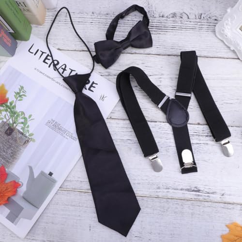 3pcs Kids Suspenders Necktie Set Solid Color Elastic Strap Braces Clip Buckle for Boys Adjustable Bowtie and Suspenders for Children3