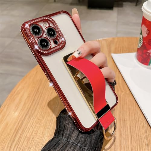 Funda con diamantes para iPhone 14 Pro perfecta para selfis con su cómoda correa trasera