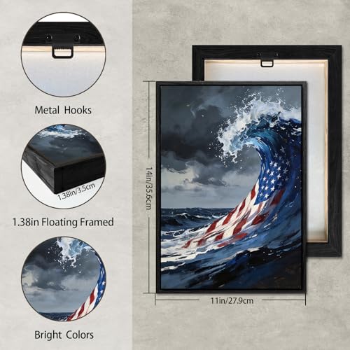 Image of American Flag Framed Canvas Wall Art, 4th of July Red White Blue Canvas Prints, USA Flag Ocean Waves Abstract Patriotic Decorations, Independence Day Wall Decor for Bedroom Living Room Office 11x14