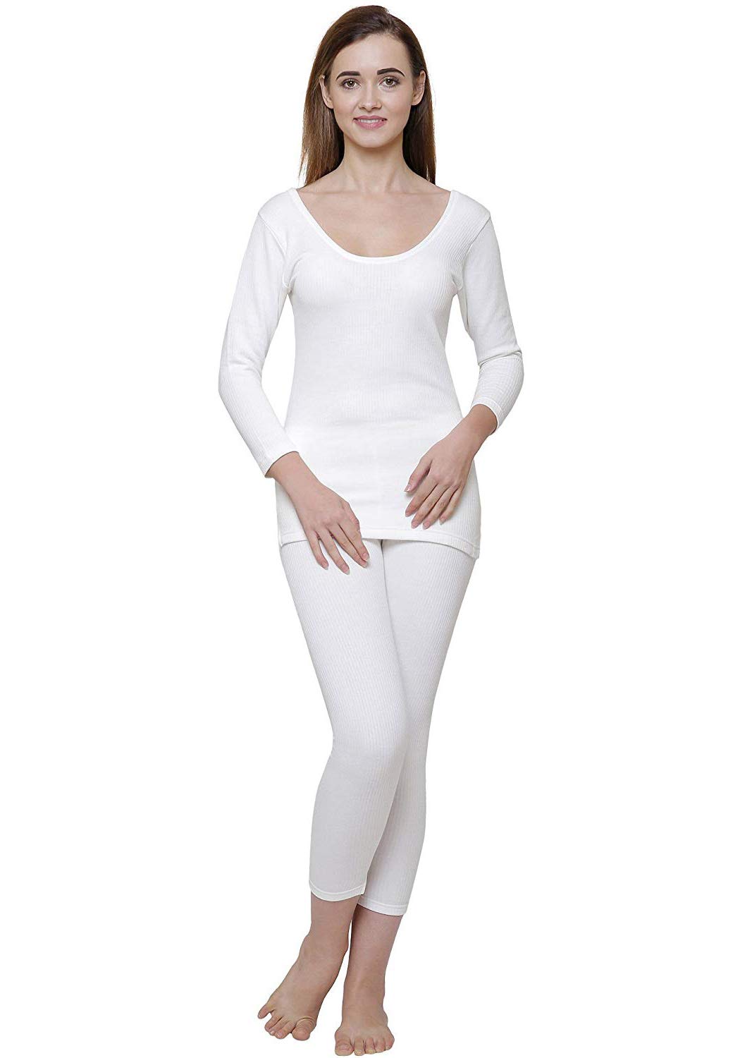 Women White Round Neck Full Sleeves Upper/Top and Lower/Trouser/Bottom Thermal Set - Pack of 1-image-47