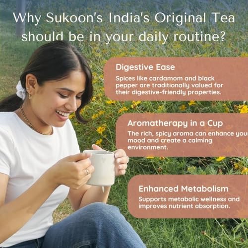 Image of Sukoon India's Original Masala Chai Tea bags - 100 Teabags (2g each) - Plant-Based Pyramid Teabags - Organic - Black Tea CTC, Cardamom, Clove, Cinnamon Spices - Sourced from Assam, individually wrapped