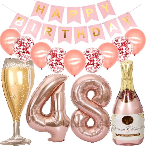 Feelairy Palloncini 48 anni Compleanno Donna, Decorazioni 48 anni Oro Rosa, Foil Palloncini Bottiglia Champagne Compleanno 48 Palloncini Bottiglia di Vino per 48 anni Decorazione Festa di Compleanno