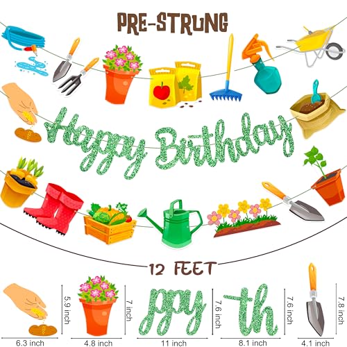 Image of 3Pcs Garden Birthday Party Banner Decorations Green Glitter Happy Birthday Banner Gardening Tool Theme Garlands for Gardening Birthday Party Hanging Decorations Spring Theme Party Supplies