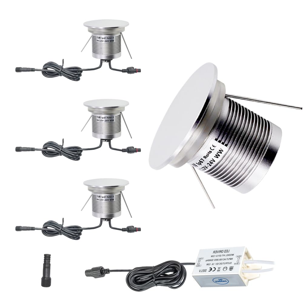 1W LED Wandleuchten Mit 230V/12V Trafo, IP67 Wasserdichte Außen/Innen Wandlampe, Einbauleuchte Treppenleuchte Mini Stufenleuchten Treppenlicht Für Stufen Treppen Fassade（Silber Warmweiß, 4 Stück）