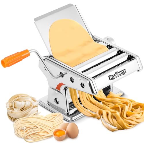 Poafamx パスタマシン 手動 3カッター 2/4.5mm/8mm 6段階厚み調整 製麺機 ステンレス鋼 うどん/スパゲティ/そば/中華麺/ラーメンなど パスタメーカー 家庭/業務用 日本語取り扱い説明書付き (銀色−3カッター)