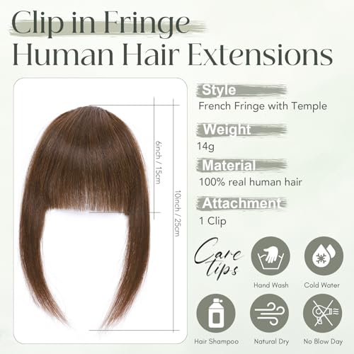 Clip in Fringe Human Hair Clip on Bangs Remy Hair Pieces for Women Short 14g French Fringe #4 Medium Brown - Image 2