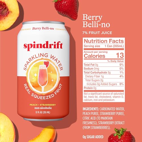 Image of Spindrift Sparkling Water, Berry Belli-no Flavored, Made with Real Squeezed Fruit, 12 Fl Oz Cans, Pack of 24 (Only 13 Calories per Can)