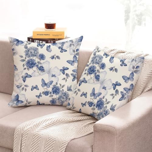 Image of Jaipur Weaves Cushion Cover 16 Inch X 16 Inch - Set of 2, Butterfly Print 180 GSM Decorative Soft Cushion Covers for Sofa /Bed /Chair, Gift for Home Decor (Blue Butterfly, 2)