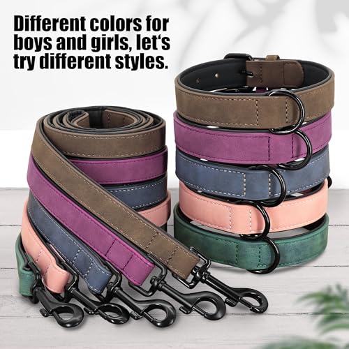 Image of Didog PU Leather Dog Collar and Leash Set, Soft Padded, Green, Neck 18-22 inch