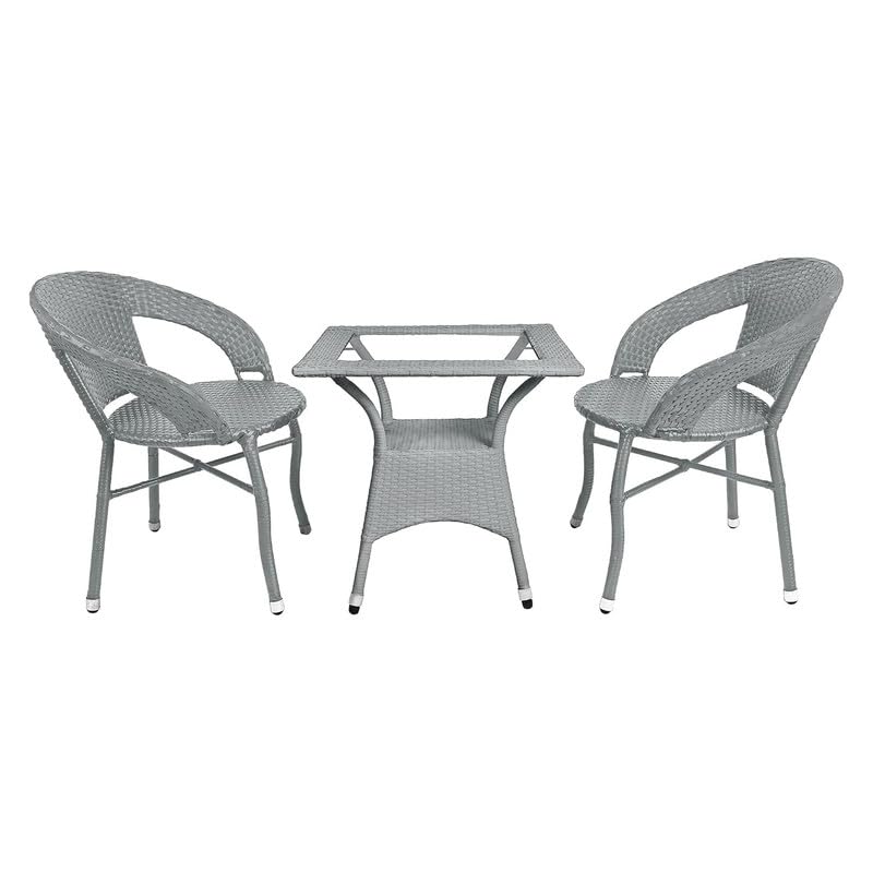 Image of Amazon Brand - Solimo Rattan and Wicker Garden Patio Seating Chair and Table Set Outdoor Balcony Garden Coffee Table Set Furniture with 1 Square Glass Top Table and 2 Chairs Set for Home (Grey)
