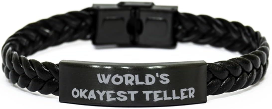 Fun Teller Gifts, World's Okayest Teller, Teller Braided Leather Bracelet From Colleagues, Gifts For Coworkers, Gift ideas for tellers, Teller appreciation gifts, Gifts for bank tellers, Thank you