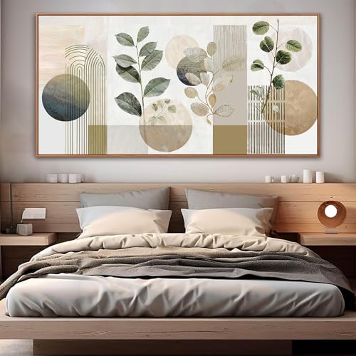 Image of Large Boho Green Wall Art For Living Room Prints Green Botanical Boho Wall Art Modern Sage Bohemian Canvas Art Wall Decor Natural Abstract Geometry Lines Prints Picture 29x58 In With Framed