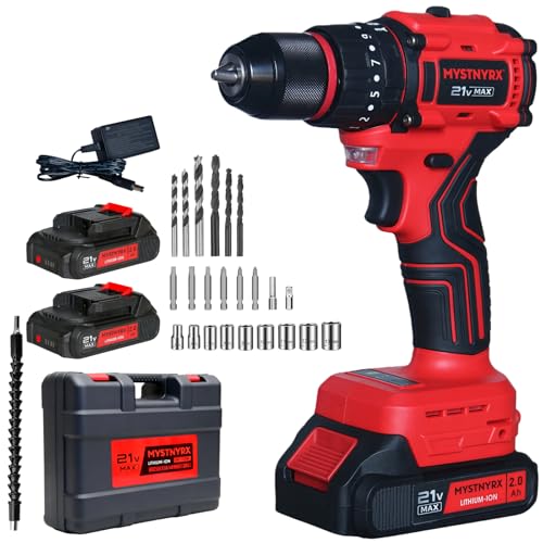 Image of MYSTNYRX 21V Brushless 3-in-1 Hammer Drill Cordless, 310 in-lbs, 21000 IPM, 2-Speed, 3/8" Metal Chuck, Impact Drill Kit w/ 2x 2.0Ah Batteries, Fast Charger, 24 Pcs & Case for Brick Wall, Metal, Wood