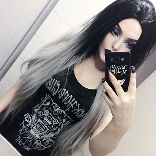 Heahair 22" Full Head Color Black Ombre Gray Clip in Synthetic Hair Extensions 7pcs for Women (Black to Grey)