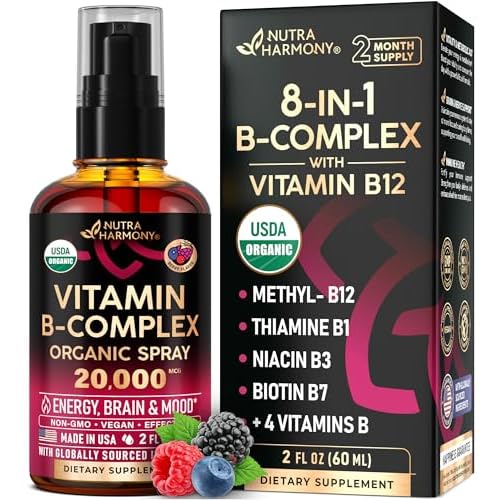USDA Organic Vitamin B-Complex Liquid Spray 8-in-1 - B5 Pantothenic Acid | B12 Methylcobalamin | B1 Thiamine | B6 Pyridoxine | B7 Biotin | B9 Folic | B3 Niacinamide - Made in USA Supplement,