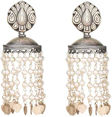 IndianShelf Handmade Vocalforlocal 92.5 Sterling Silver Pearl Tassel Jhumkis Earrings With Engraved Floral Stud (7.11 cm, Silver & White)