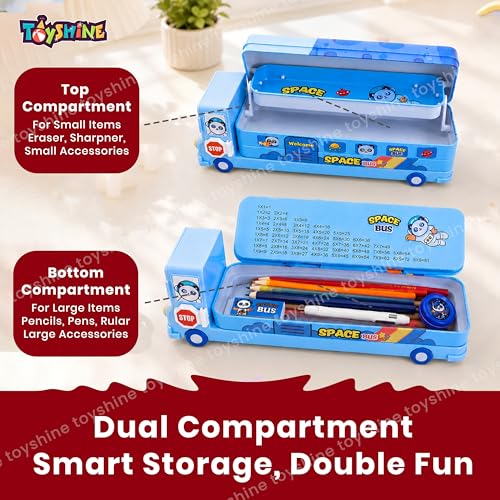 Image of Toyshine Cartoon Printed School Bus Matal Pencil Box with Moving Tyres and Sharpner for Kids - Blue