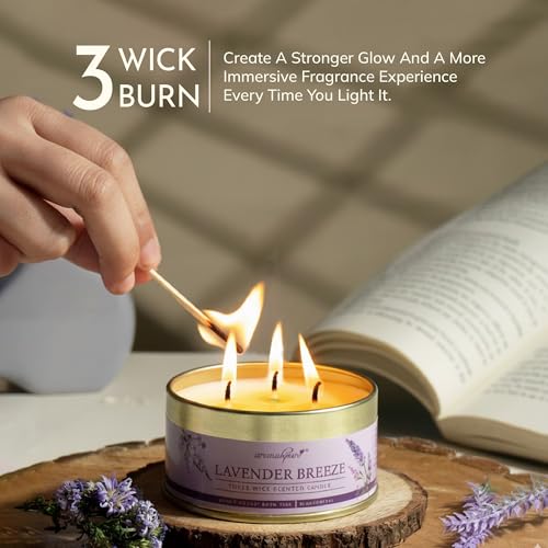 Image of Aromahpure Lavender 3 Wick Candle in Container with Lid | 85g | Burn Time 7 Hours | Scented Candle | Relaxing Aromatherapy Candles for Home Decor, Gifting, Bedroom & Spa