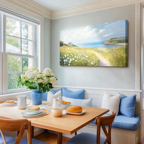 SERIMINO Coastal Landscape Large Wall Art, Country Scenic Canvas Art Wall Decor, Meadow Wildflowers Nature Art Prints, Rustic House Decorations Living Room Bedroom Above Bed Wall Pictures 24"X48"