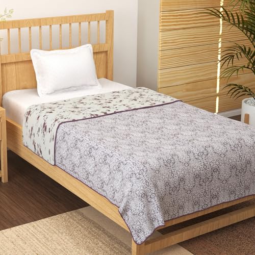 Image of Story@Home Dohar Single Bed Cotton 100% | 150GSM 144 X 220 cm Quilt AC Blanket for Summer | AC Comforter Single Bed | White & Burgundy, Floral Reversible Design Duvet | All-Season Blanket