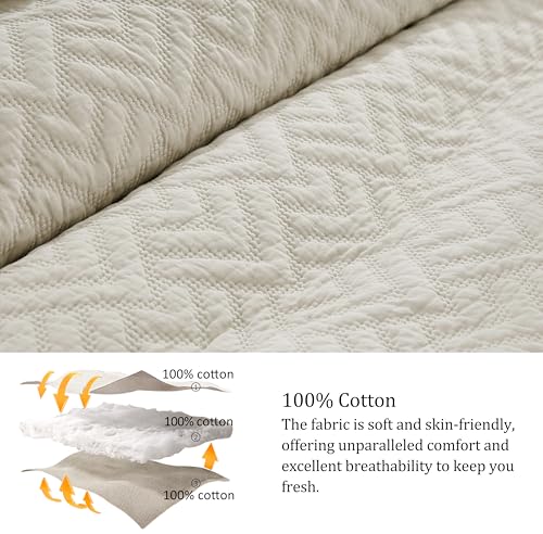 Image of palassio Beige 100% Cotton Quilt Queen Size Bedding Sets with 2 Pillow Shams, Lightweight Textured Farmhouse Country Bedspread Soft Shabby Chic Patterned Coverlet for All Season, 3 Pieces