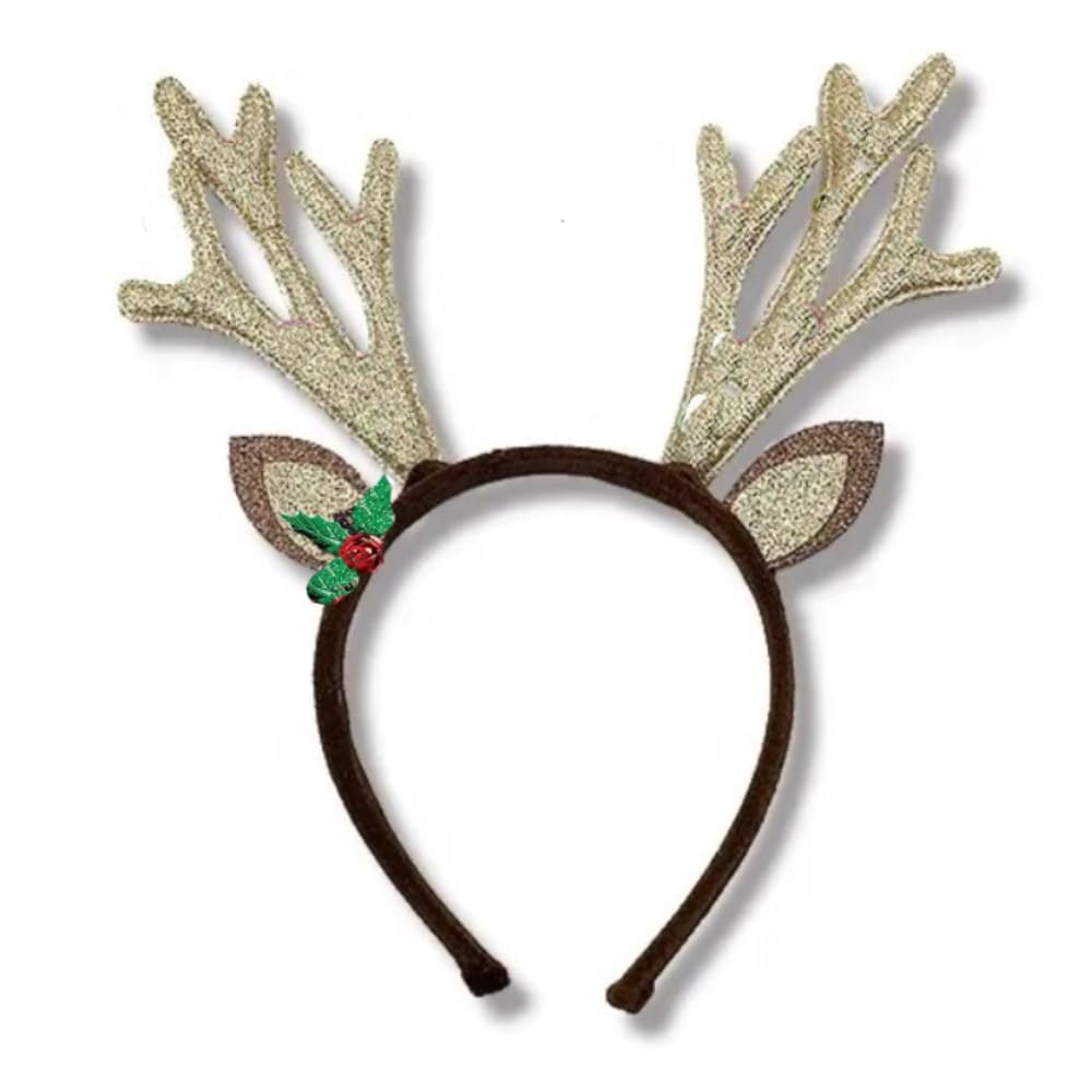 Golden Glitter Reindeer Antlers Headband Christmas Party Hair Accessory for Adults & Kids | Festive Xmas Fancy Dress, Holiday Costume & Christmas Photo Booth Prop