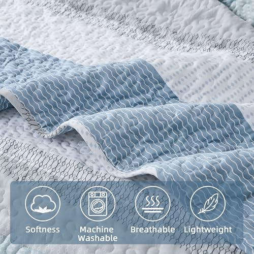 Image of Andency King Size Quilt Set Misty Blue, 3 Pieces Summer Ultra Soft Lightweight Bedspreads & Coverlets Set, Patchwork Striped Quilted Bedding Sets for All Seasons (1 Quilt, 2 Pillow Shams)