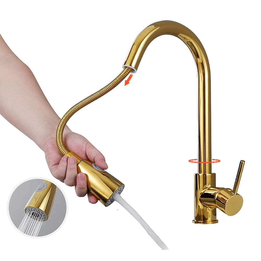 Baterie, łazienka Złota wyciągana głowica natryskowa Bateria kuchenna 2 tryb opryskiwacza 360 obrót Pojedynczy uchwyt Mixer Tap Żuraw do zlewu Pojedynczy uchwyt Deck Mounted/a little surprise