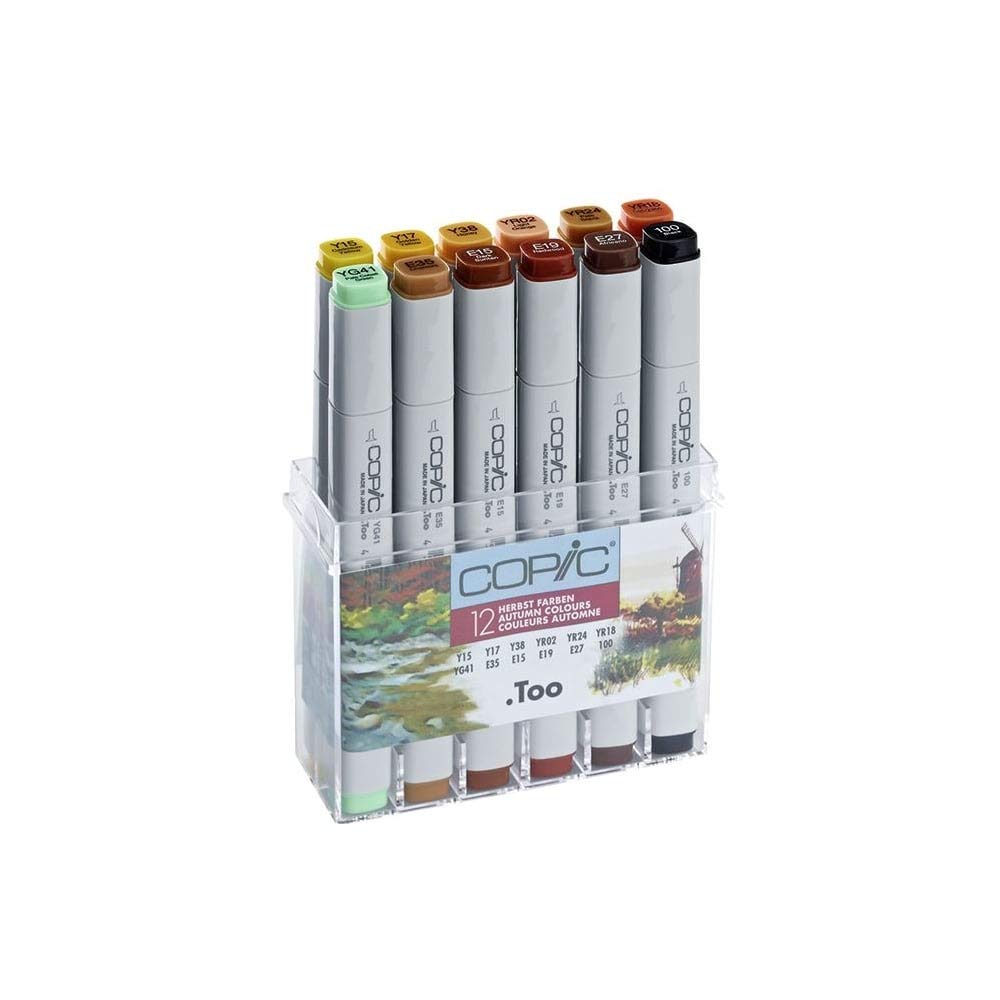 COPIC Classic Set «Autumn Colours», Set de 12 piezas en expositor acrílico, Rotulador doble con punta media y fina