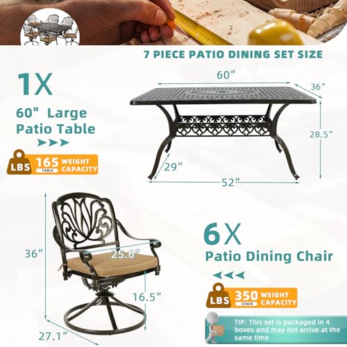 Image of MEETWARM 7-Piece Outdoor Patio Dining Set, All-Weather Cast Aluminum Patio Conversation Set for Backyard Garden Deck with 6 Cushioned Swivel Rocker Chairs, 1 Rectangular Table, 2 inch Umbrella Hole